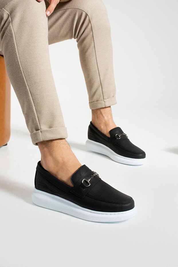 Men's High-Top Buckle Black and White Loafer Shoes