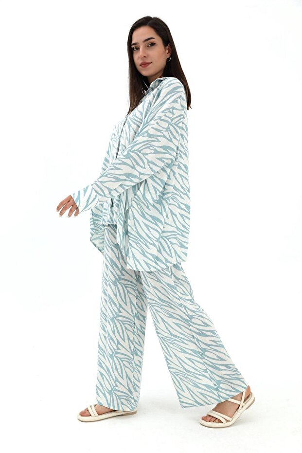 طقم مكون من قطعتين بنمط حمار وحشي من الأسفل والأعلى - أزرق - 3