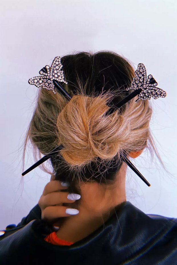 Black Color Double Hair Stick with Stone and Butterfly Figure - Stylish Bun Hairpin