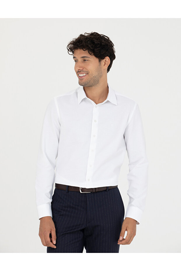 White Slim Fit Dobby Long Sleeve Shirt 50277398-Vr013