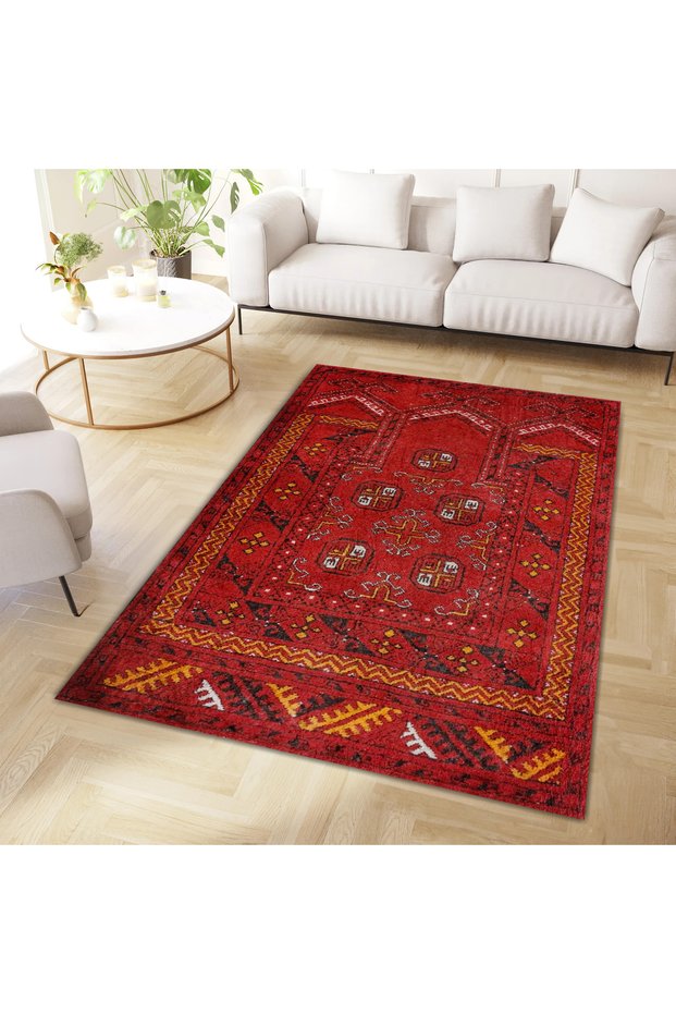 Angel Collection Red Antique Look Ethnic Patterned Woven Base Modern Decorative Carpet Melek48