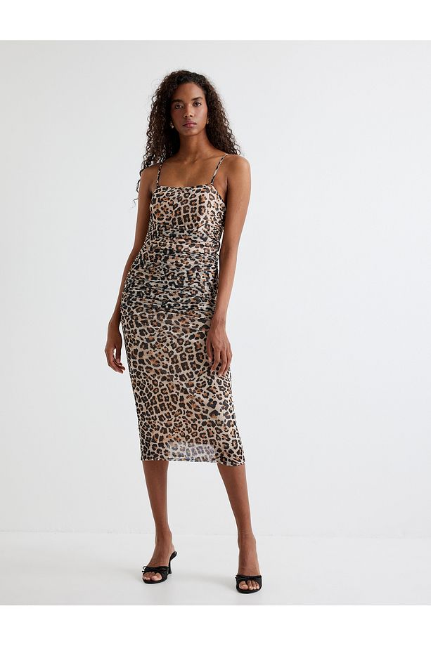 Leopar Elbise Midi İp Askılı Drapeli - 2