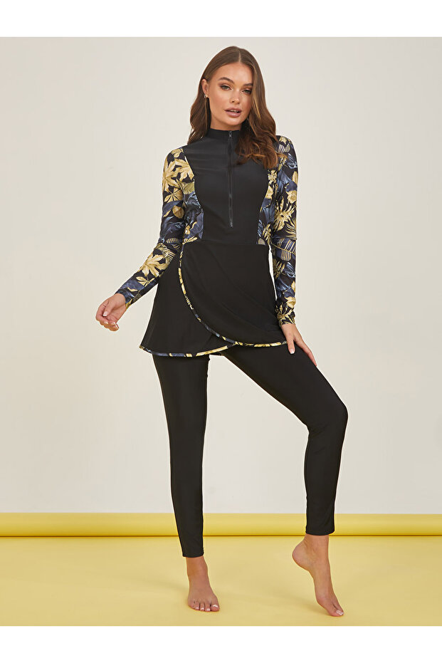 Printed Contrast Peplum Zip Burkini