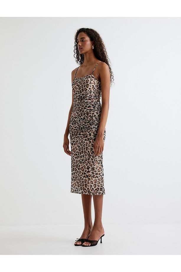 Leopar Elbise Midi İp Askılı Drapeli - 3