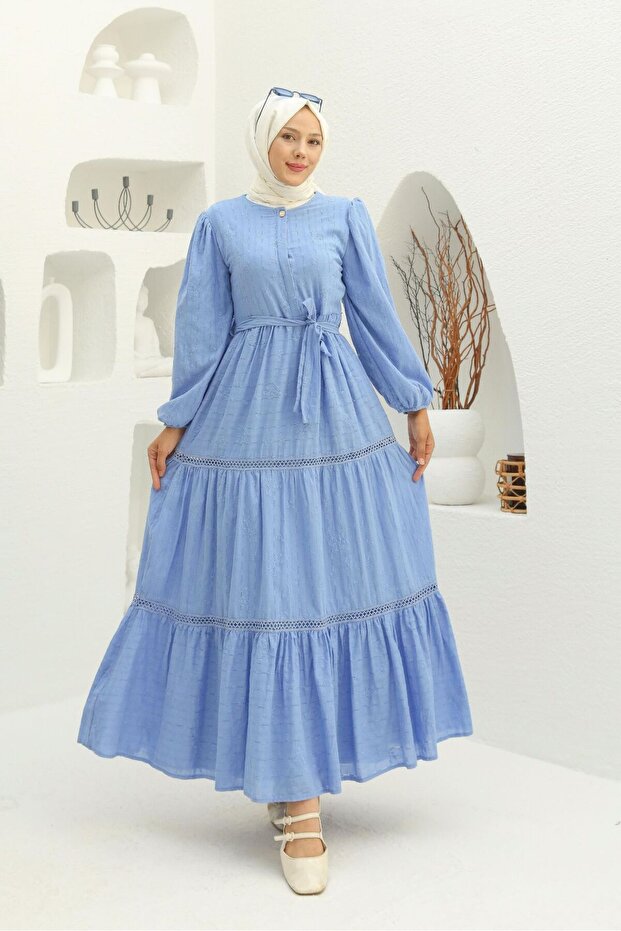 Women's Textured Belly Lined Fisto Long Tesetural Dress