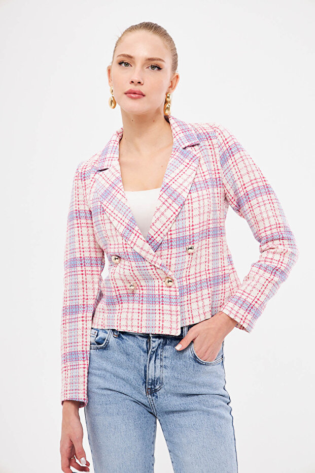 Women's Light Pink Double Breasted Collar Tweed Crop Jacket ARM-24K001014