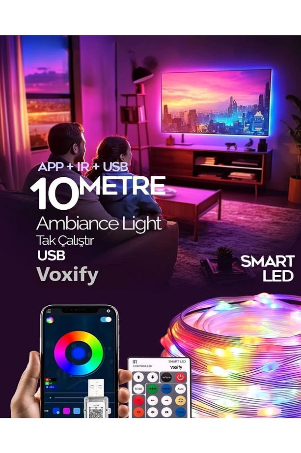 Bluetoothlu Animasyonlu Sese Duyarlı Usb İle Çalışan 10 Metre Smart Şerit Led Pilli Rgb şerit Led Tv - 5