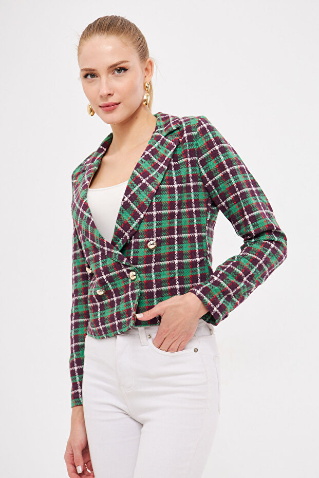 Women's Light Green Double Breasted Collar Tweed Crop Jacket ARM-24K001014