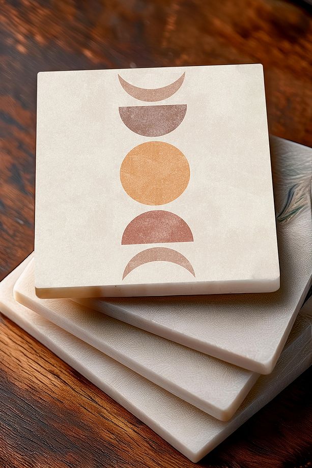 Minimalist, Bohem, Soyut Taş Bardak Altlığı Masaüstü Koruyucu Altlık 4'lü Set 10x10cm Sc261 - 3