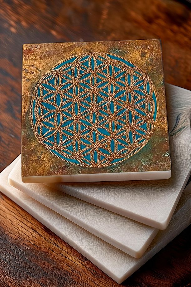 Minimalist, Yaşam Çiçeği, Soyut, Lotus Çiçeği Taş Bardak Altlığı Koruyucu Altlık 4'lü Set 10x10cm - 3