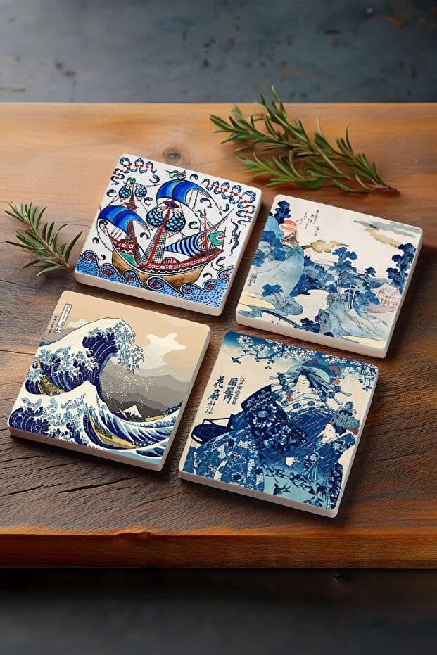 Japanese Art, Mount Fuji, The Great Wave, Tile Art Sailing Ship Stone Coasters Set of 4 10x10cm