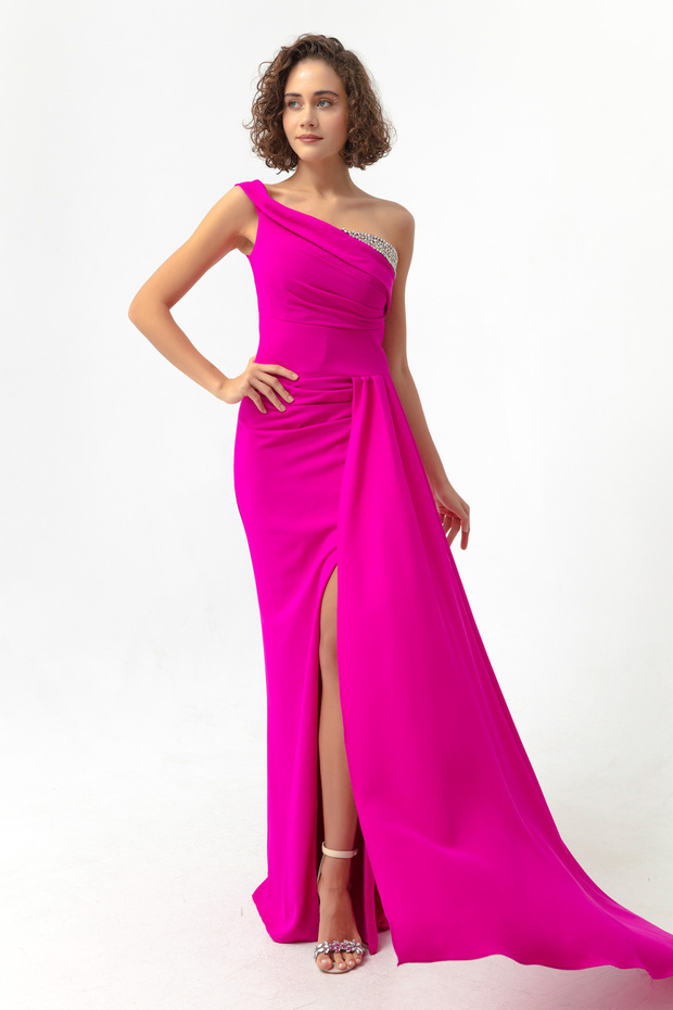 Women's Fuchsia Slim Fit One Shoulder Stone Long Evening Dress