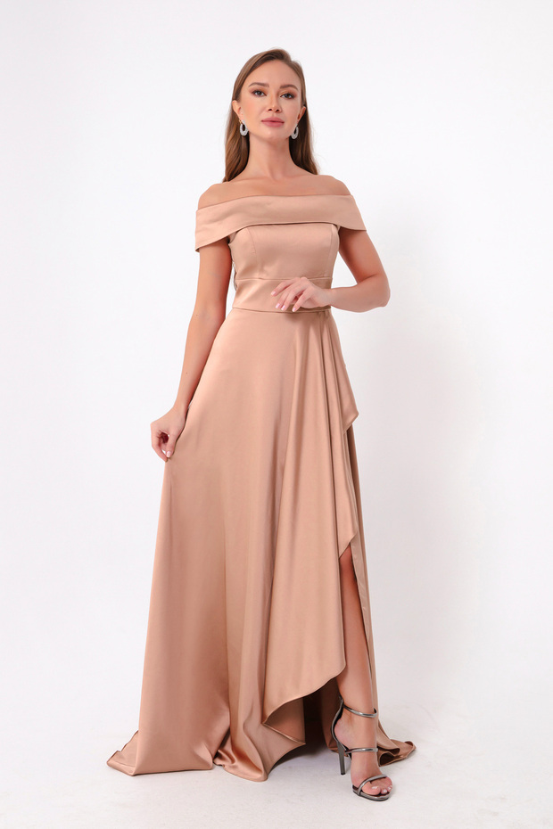 Women's Powder Boat Neck Satin Evening Dress & Graduation Dress