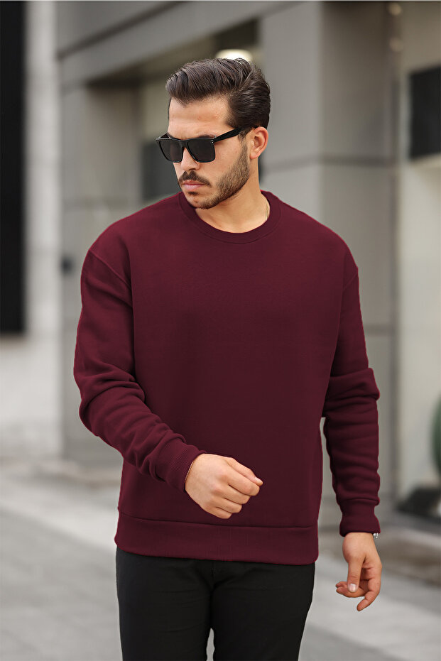Men's Crew Neck Regular Fit Basic Sweatshirt Claret Red