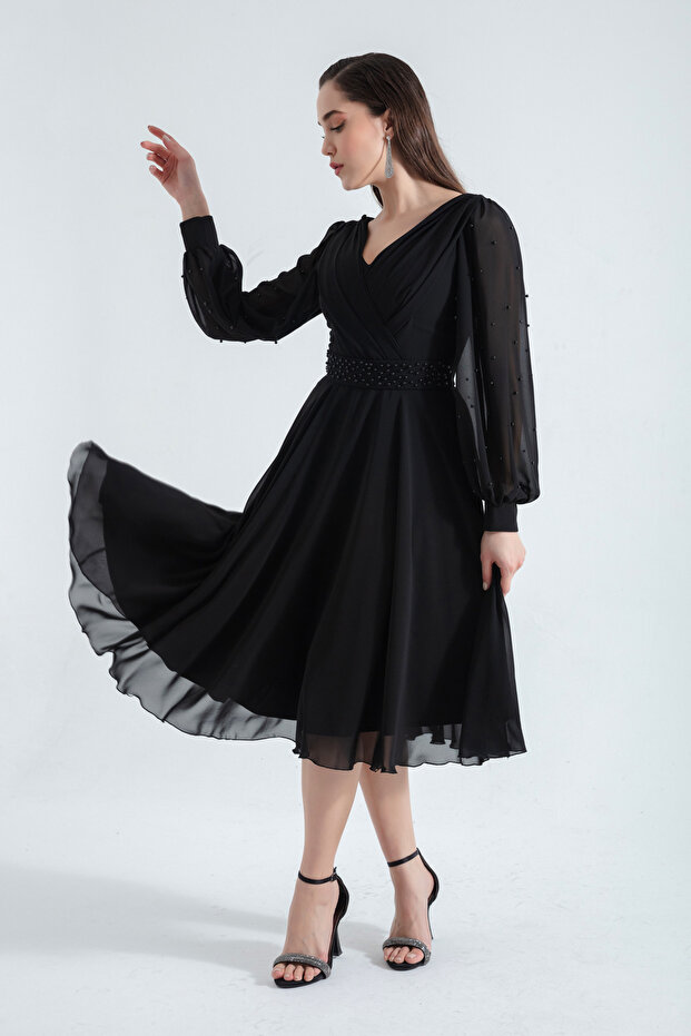 Women's Black Slim Fit V-Neck Pearls Midi Evening Dress