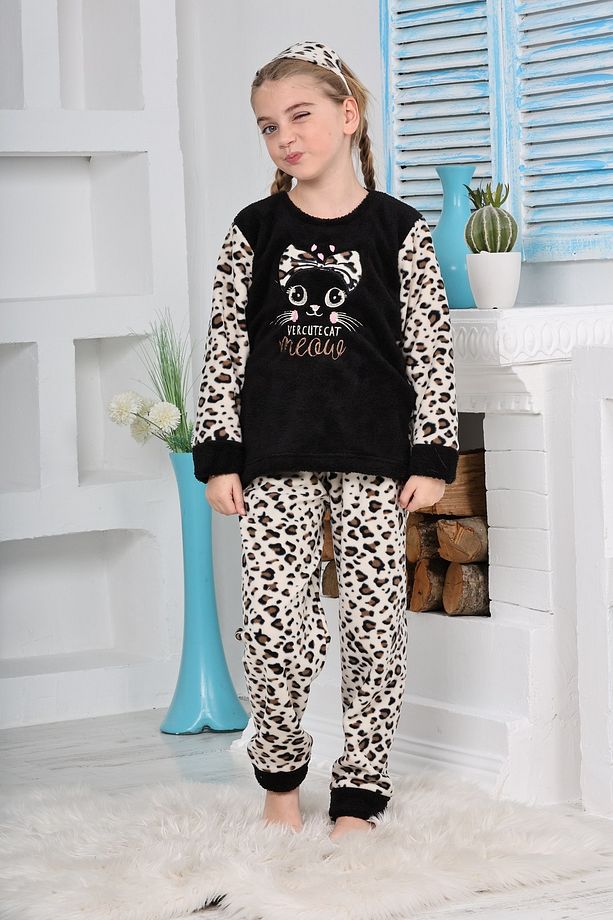 Kız Çocuk Leoparlı Yumuşak, Kalın, Kışlık Aplike Nakışlı Siyah Polar Pijama Takımı - 6