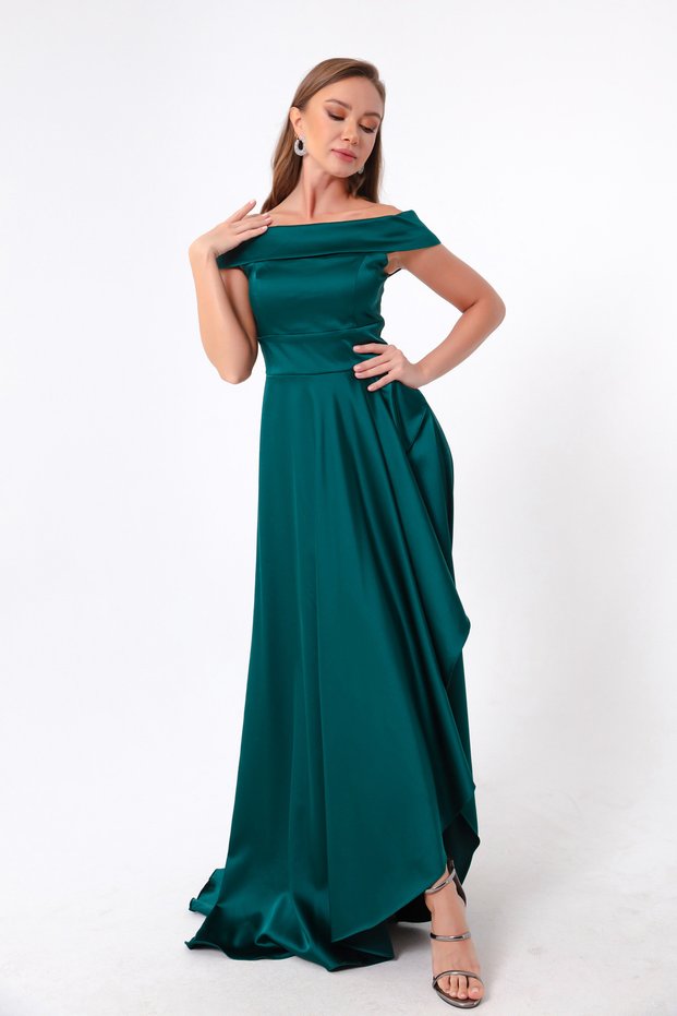 Women's Petrol Boat Neck Satin Evening Dress & Graduation Dress