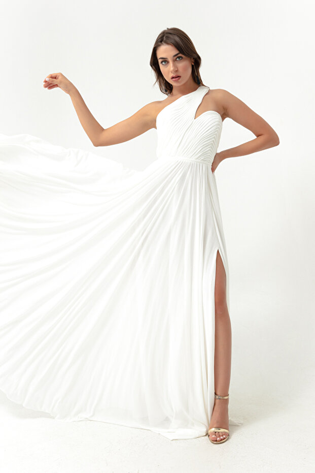 Women's White Slim Fit One Shoulder Slit Long Evening Dress
