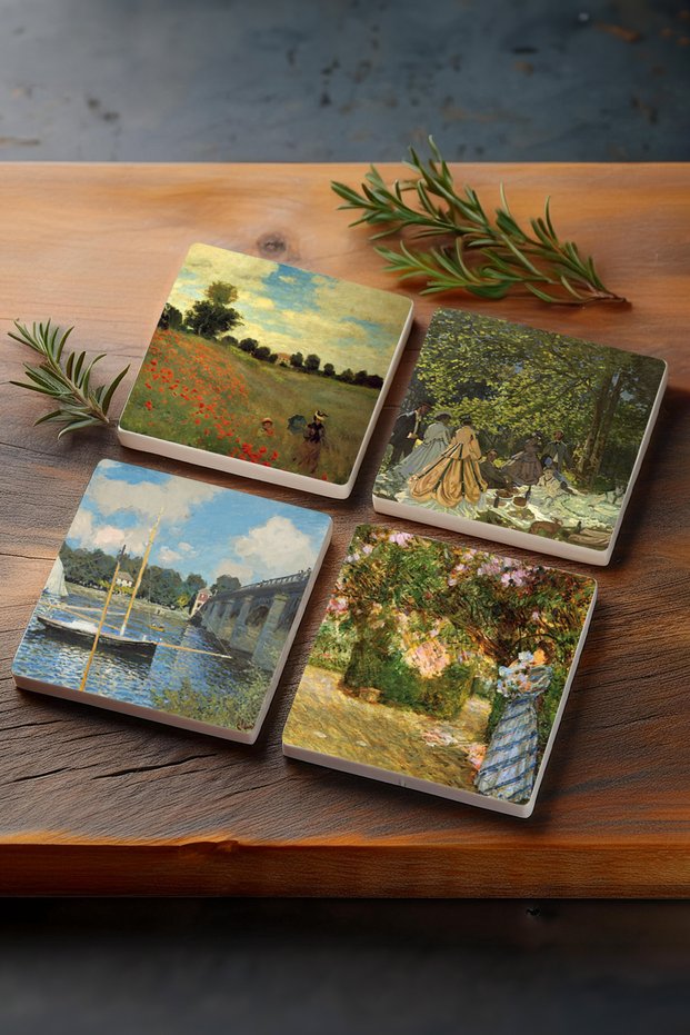 Claude Monet In the Garden, Lunch in the Countryside, The Bridge in Argenteuil, Poppies Stone Coasters Set of 4