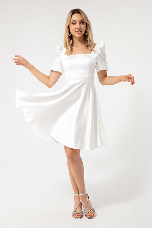 Women's White Balloon Sleeve Flared Cut Mini Satin Evening Dress