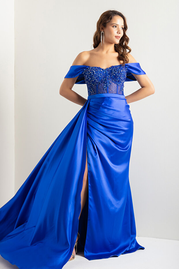 Women's Cobalt Slim Fit Boat Neck Underwire Corset Long Evening Dress