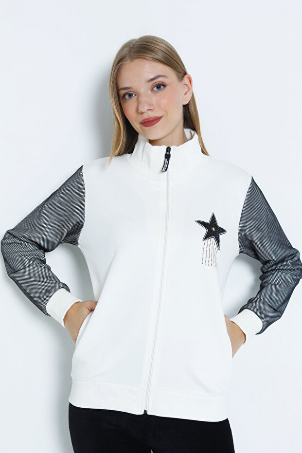 Women's Long-Sleeved Zippered Stone Detail Cardigan
