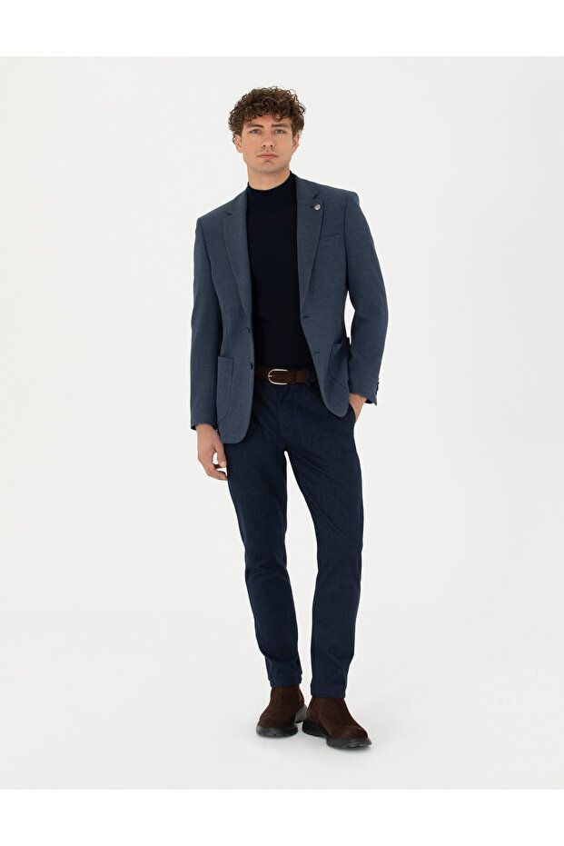 Navy Blue Slim Fit Elastic Waist Canvas Trousers 50278461-Vr033