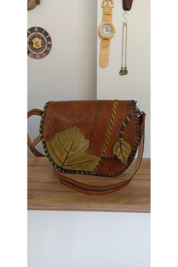 %100 deri el yapımı yaprak modeli  çanta - 1