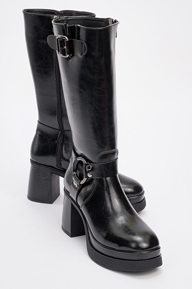 Rock Black Leather Buckle Zippered Women's Platform Heeled Boots