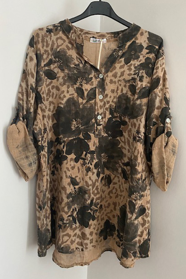 Italian Brown Tie-Dye Floral Print - Button Detail Foldable Sleeves Cotton Blouse Shirt