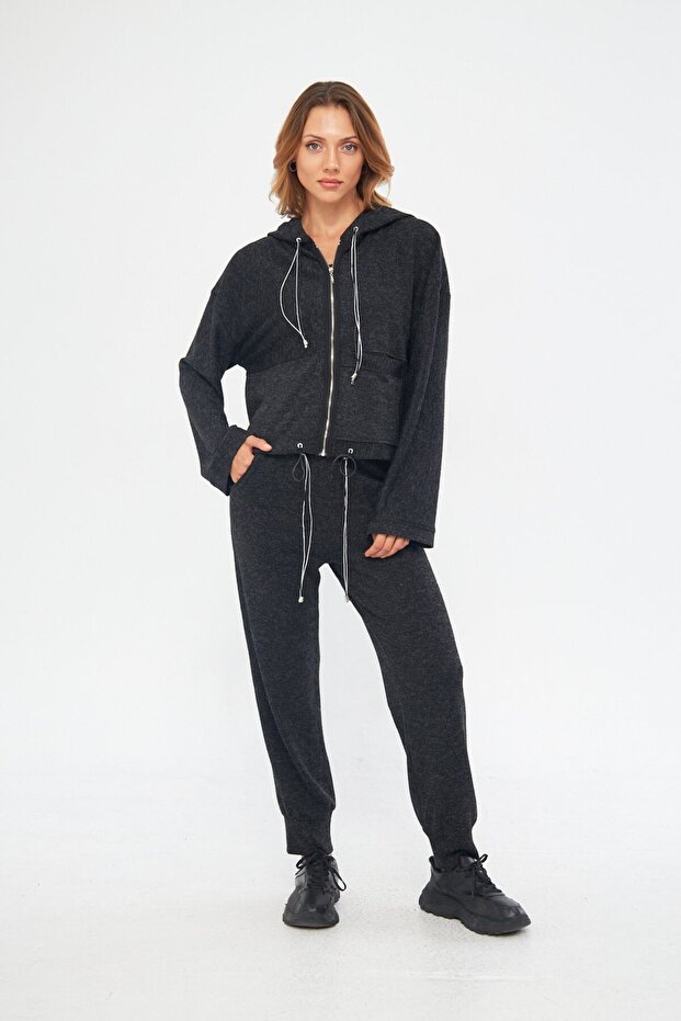 KAPÜŞONLU ANTRASİT BLUZ - 1