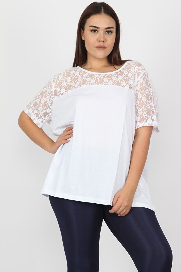 Women's Large Size White Cotton Fabric Lace Detailed Blouse 65n20711