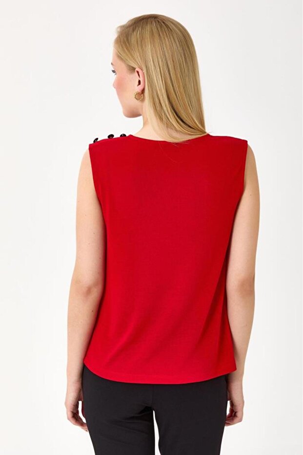 Yuvarlak Yaka Tek Omzu Düğme Detaylı Bluz 245-1006 - 5