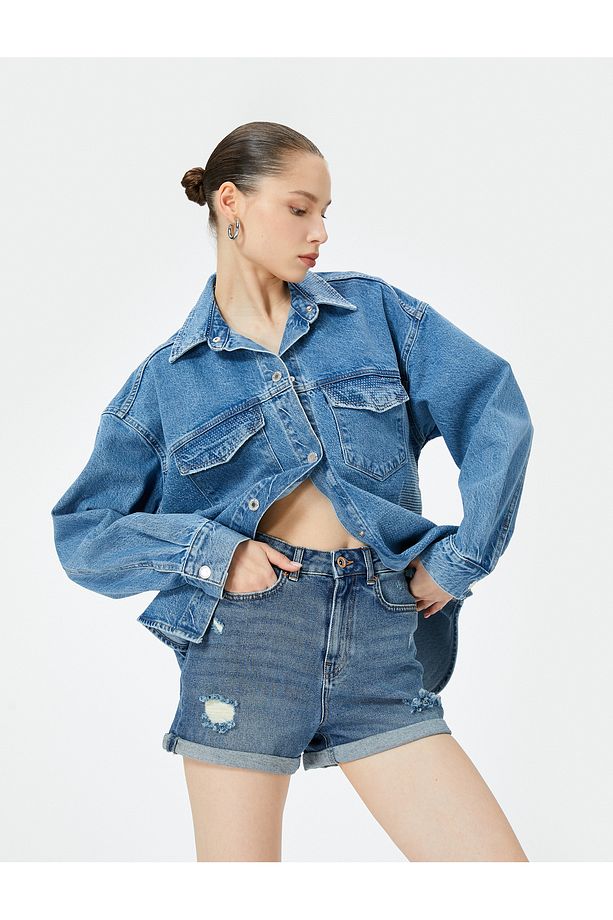 Mini Kot Şort Yüksek Bel Skinny Fit Yıpratılmış Cepli - 2