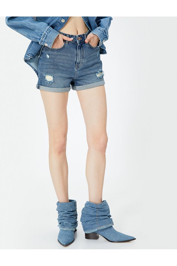 Mini Kot Şort Yüksek Bel Skinny Fit Yıpratılmış Cepli - 3