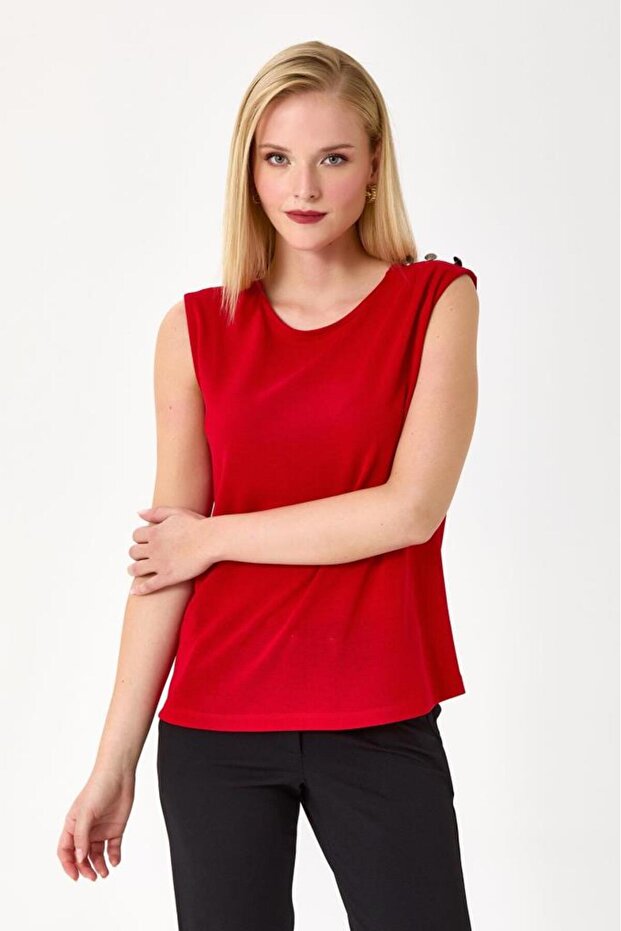 Yuvarlak Yaka Tek Omzu Düğme Detaylı Bluz 245-1006 - 2