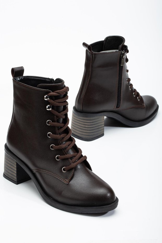 Women's Heeled Boots Brown Tied Faux Leather