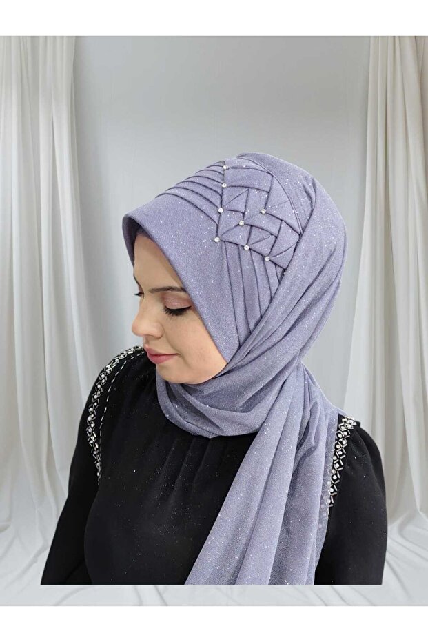 Silvery Dark Gray Stone Ready Turban Ready-Made Shawl Ready-Made Veil