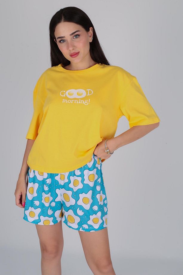Kadın Çok Renkli Yumurta Desen Tişört Şort Pijama Takımı - 2