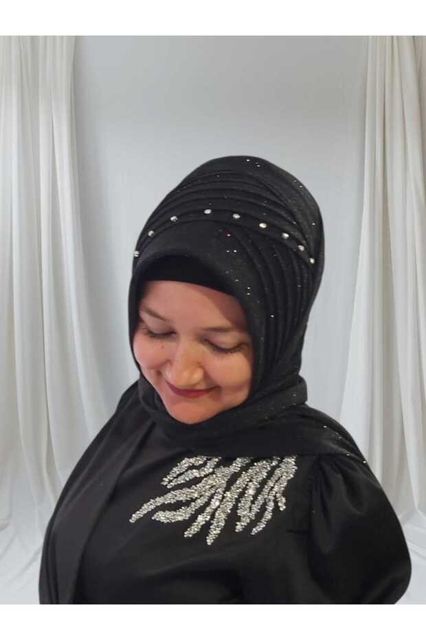 Black Glitter Fabric Stone Detailed Ready Wrap Evening Dresses Wrap Ready Turban