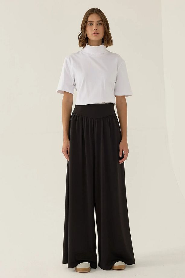 Yüksek Bel Pliseli Wide Leg Örme Pantolon - 1