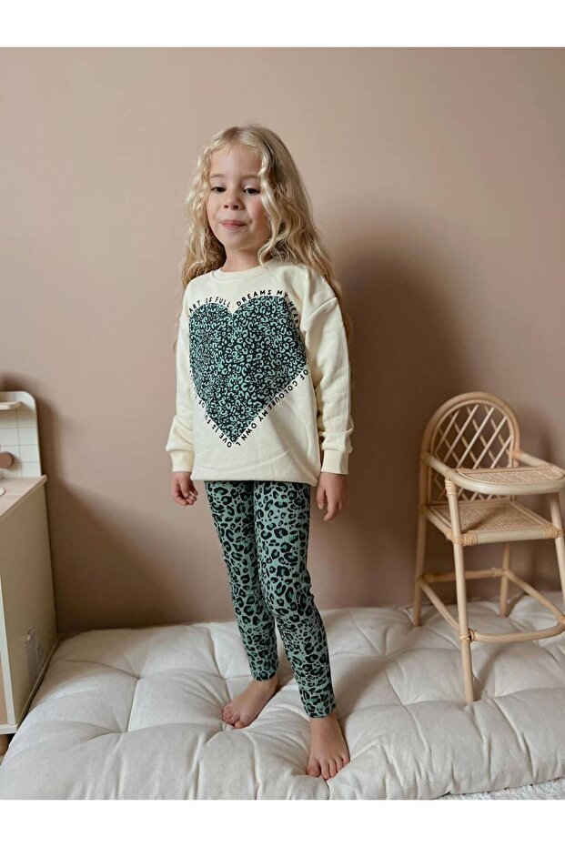 Leopard Printed Hearted Tights Girl's Bottom Top Set