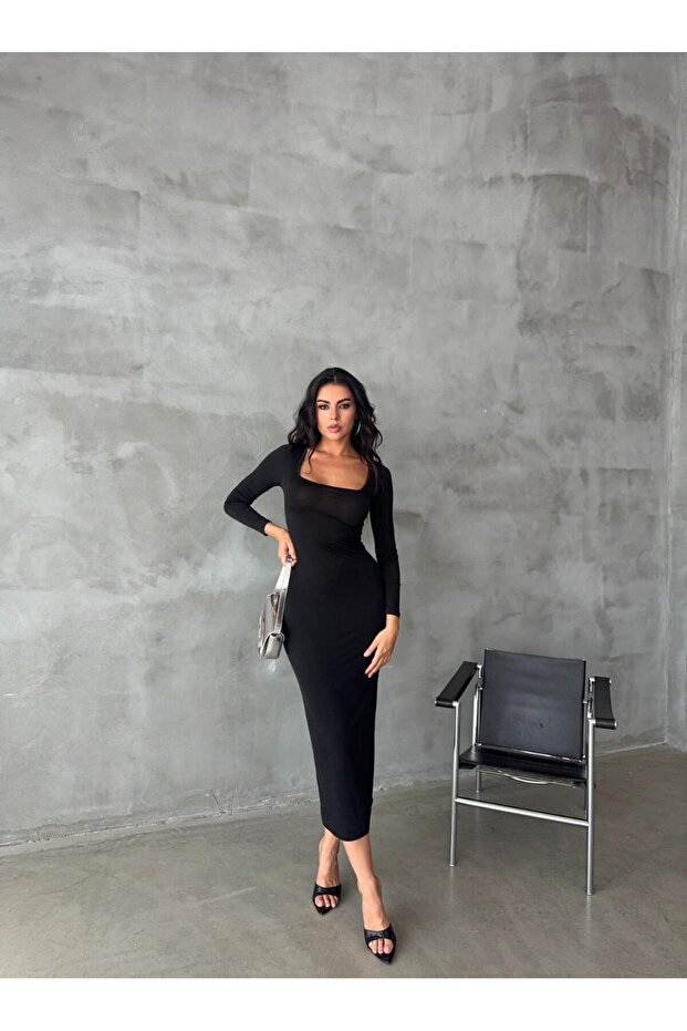 Women's Square Neck Long Sleeve Midi Length Sandy Dress