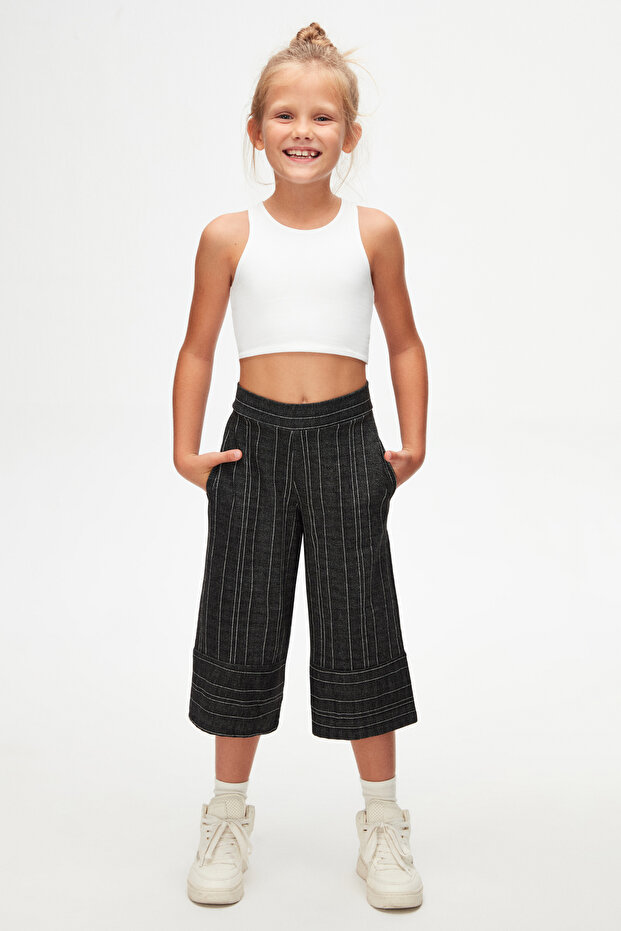 Anthracite Striped Wide Leg Girls' Pants Capri