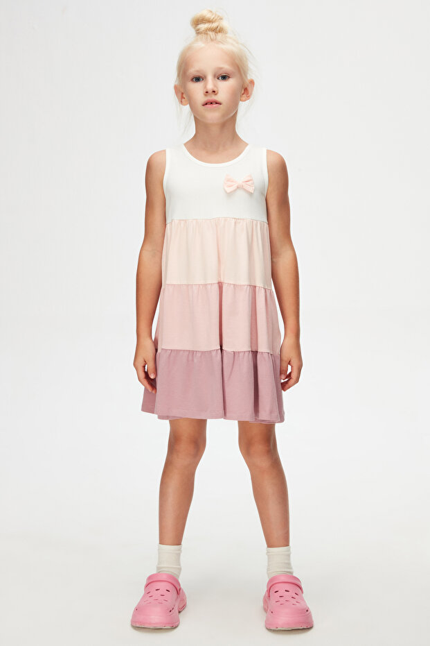 Ecru Dusty Rose Colorful Layered Girls' Strap Dress