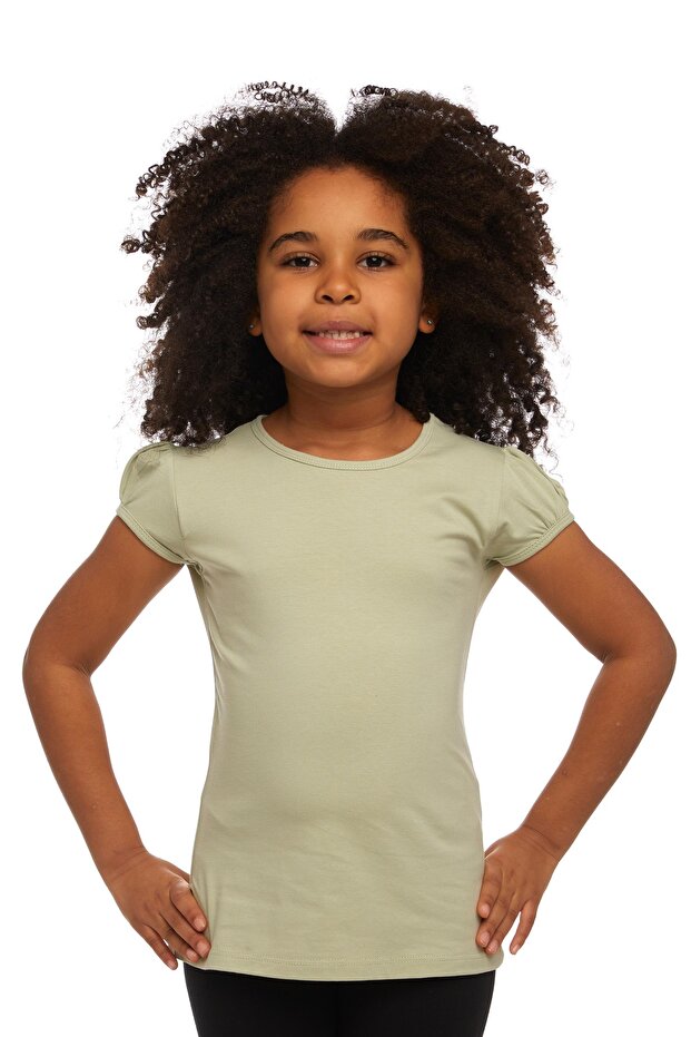 Light Green Basic Girl's Crew Neck Watermelon Sleeve T-Shirt