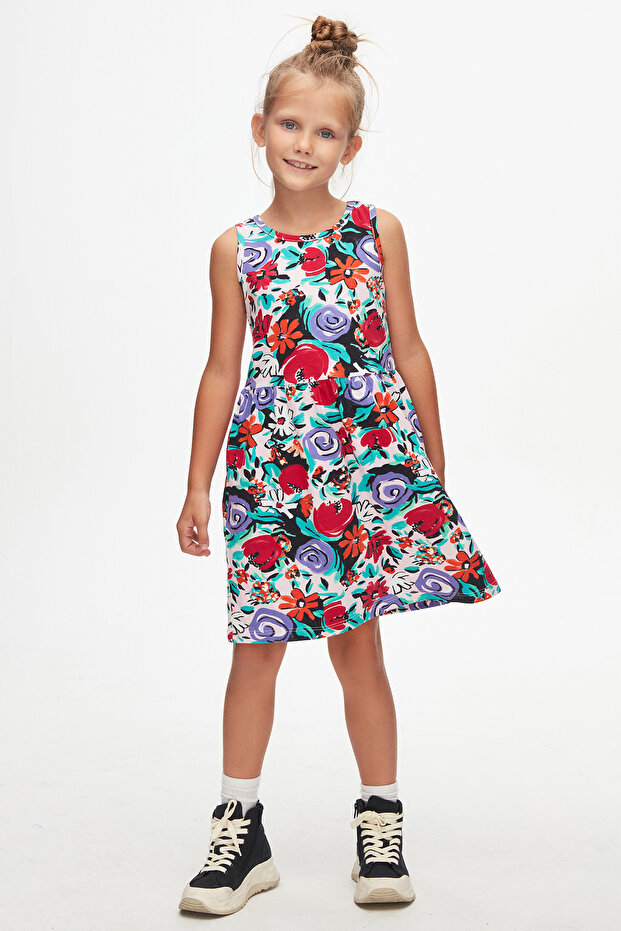 Vintage Flowers Girls' Patterned Sleeveless Dress