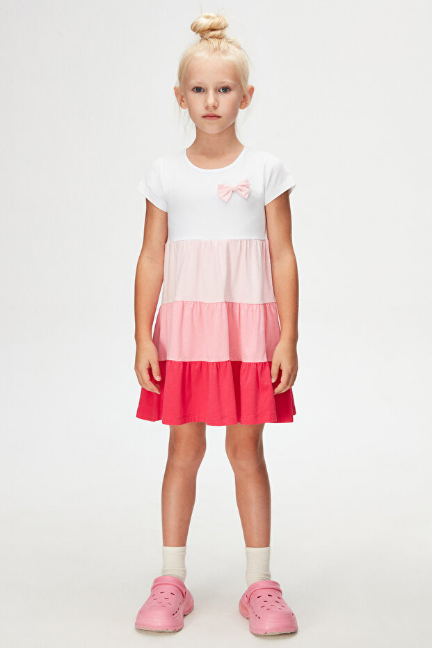 White Fuchsia Bow Fold Colorful Girl's Short Sleeve Dress