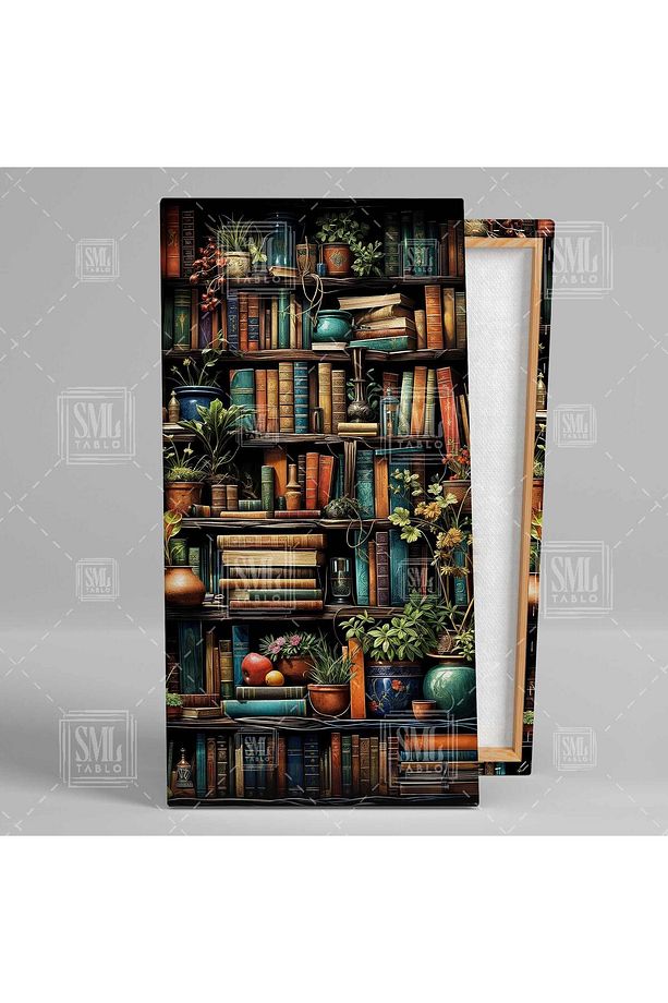 Kütüphanedeki Kitaplar ve Çiçekler Edebiyat Aşkı Kitap Rafı Boyuna Dikey Kanvas Tablo - 2