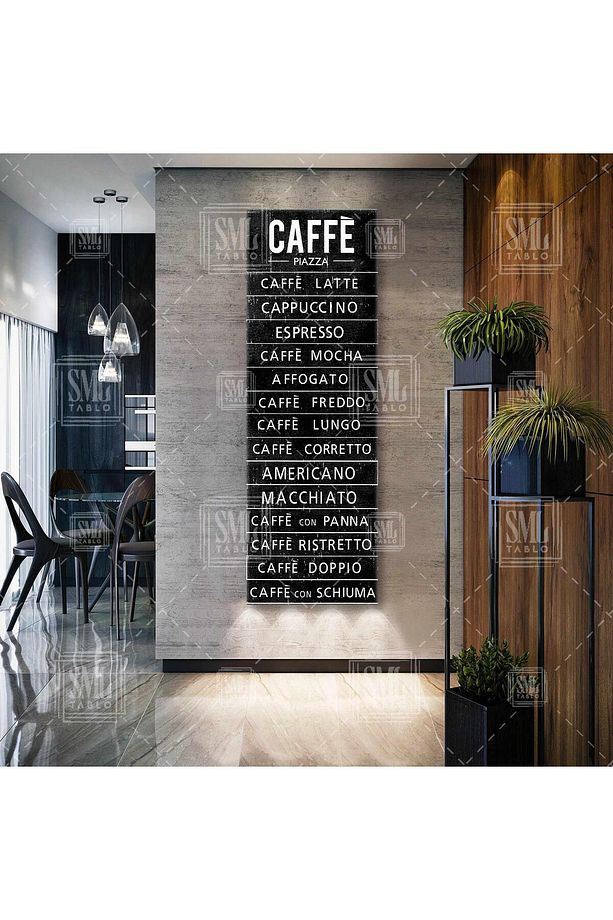 Restaurant Cafe Pizza Kahve Köşesi Kahve Çeşitleri Tabelası Menü Liste Panoramik Dikey Kanvas Tablo - 1